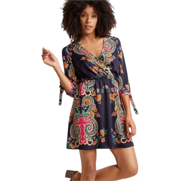 Everly Dresses & Skirts - Everly Womens Navy Blue Long Sleeve Floral Paisley Dress Large